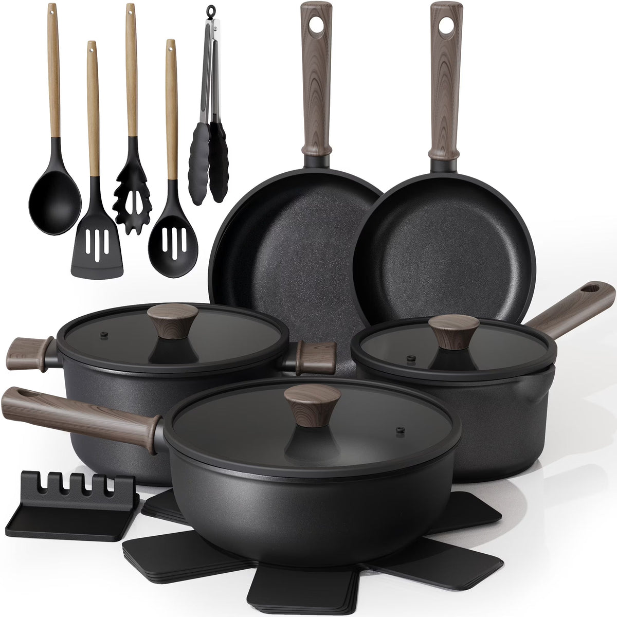 2026 NewAstercook 18-Piece Pots and Pans Set, Nonstick Cookware Set with Elegant Wooden Handle, Oven Safe to 480" F, Induction Compatible, Kitchen Cooking Set for RV Trips, Camping and Picnic, Black
