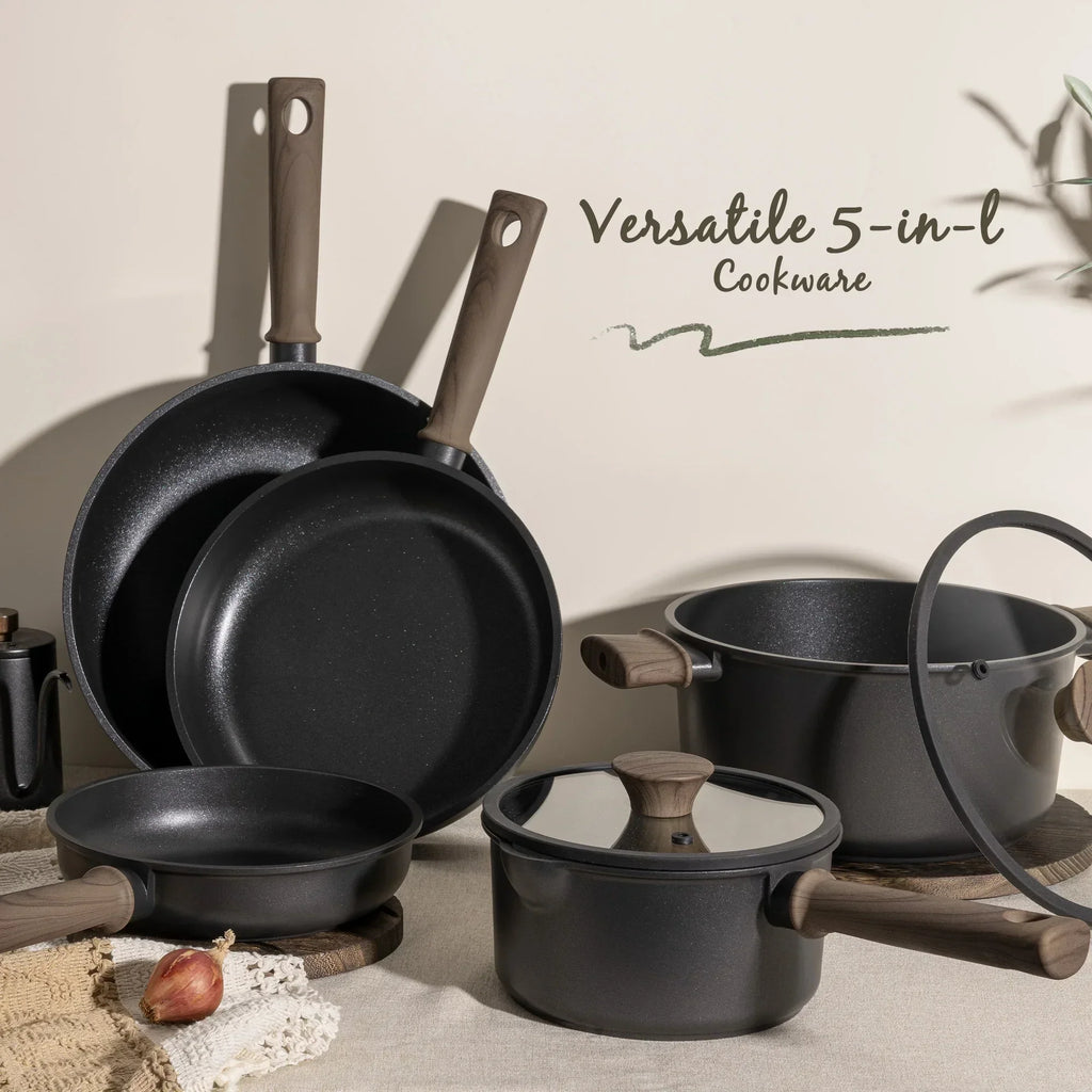 2026 NewAstercook 18-Piece Pots and Pans Set, Nonstick Cookware Set with Elegant Wooden Handle, Oven Safe to 480" F, Induction Compatible, Kitchen Cooking Set for RV Trips, Camping and Picnic, Black