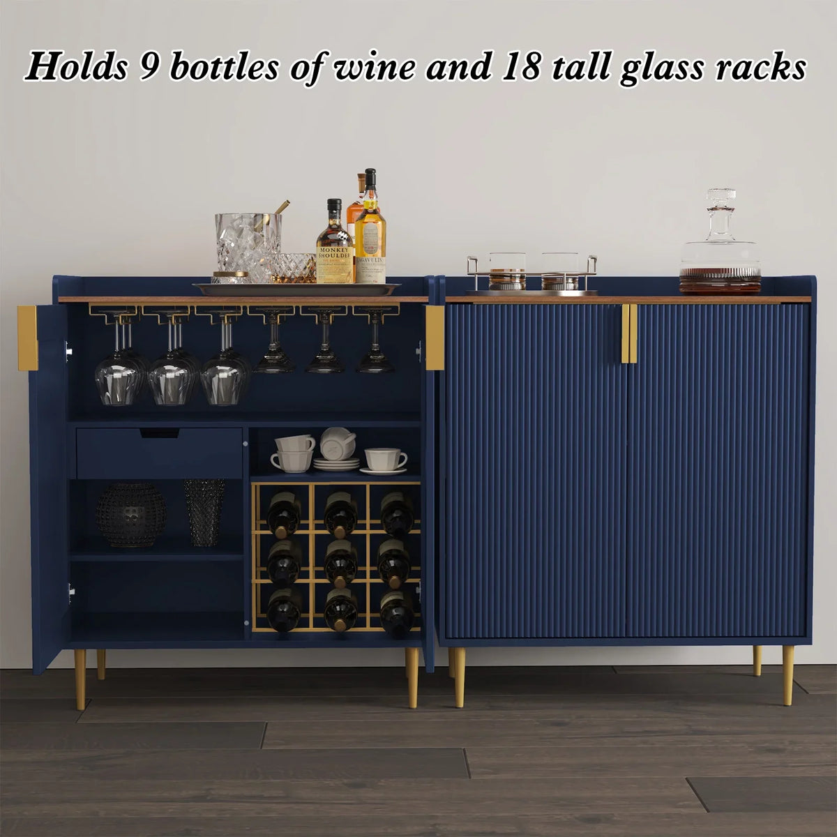 2026 NewCBJCBJ 32" Wine Bar Cabinet with 2 Door Fluted Texture, Modern Coffee Cabinet with Rack&Glass Holder, Black