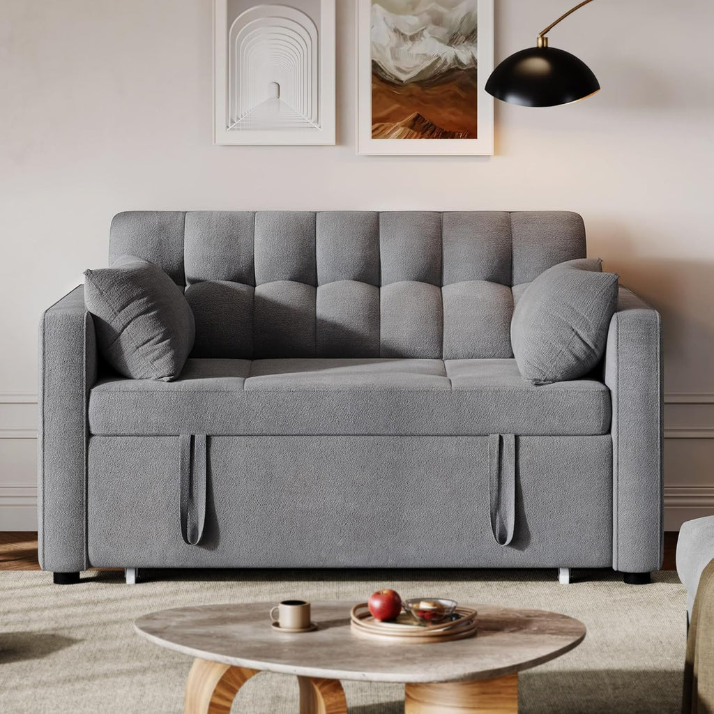 DWVO 3-in-1 Convertible Sofa Bed, 55" Sleeper Sofa with Pull-Out Bed, Cat-Scratch-Proof Fabric Futon Couch with Adjustable Backrest and Side Pocket, Loveseat for Living Room Apartment, Grey