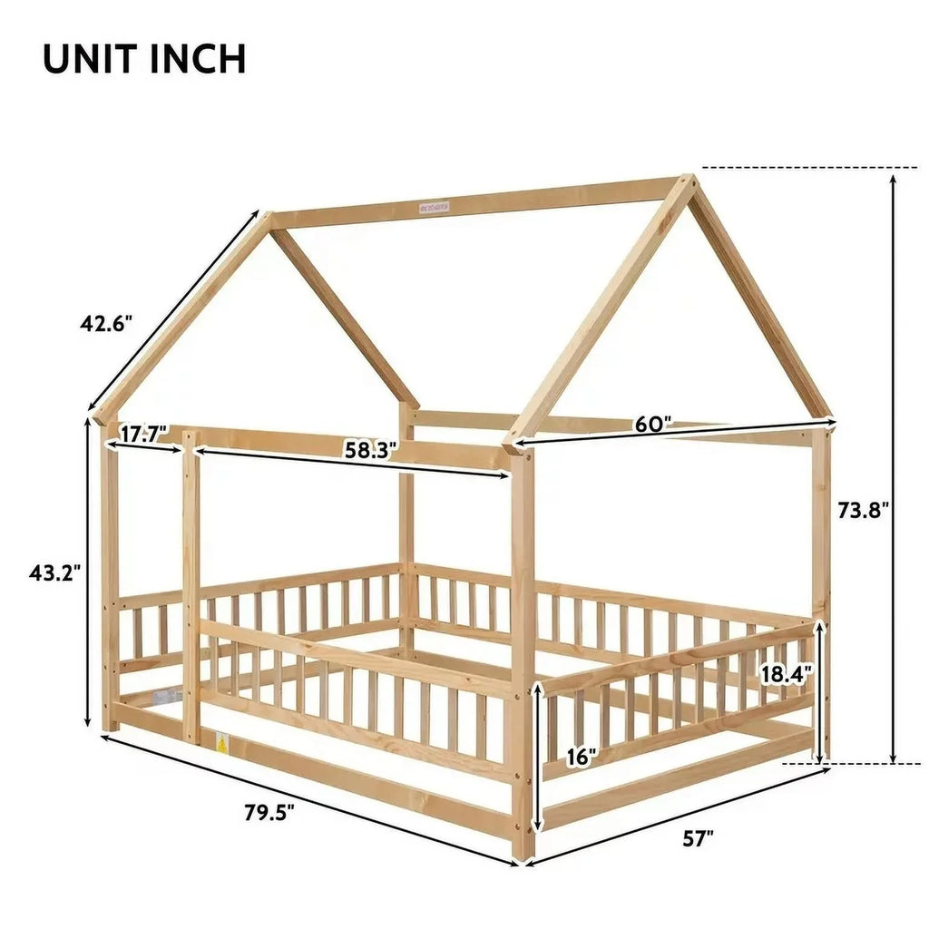 2026 New Full Size House Floor Bed, Wood Montessori Bed Frame with Fence Guardrails, House Beds Frame No Box Spring Needed-Full, Gray)