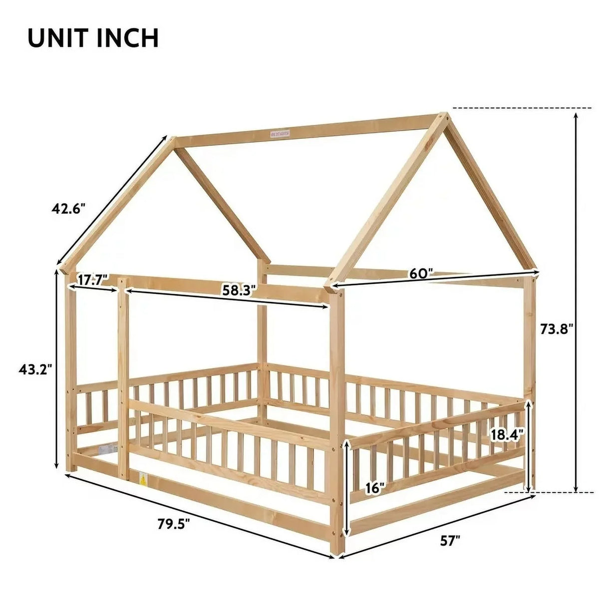 2026 New Full Size House Floor Bed, Wood Montessori Bed Frame with Fence Guardrails, House Beds Frame No Box Spring Needed-Full, Gray)
