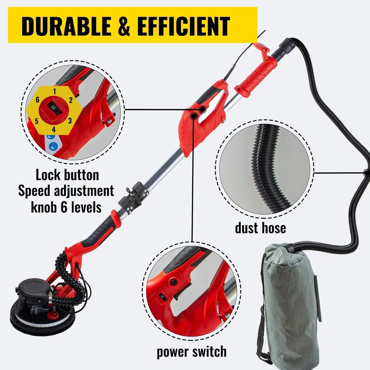 2026 NewDrywall Sander 850W, Electric Drywall Sander, Electric Sander, with LED Strip Light and Vacuum Bag, Variable Speed 800-1750 RPM, Foldable Sheetrock Sander, with Telescope Handle, Wall Sander