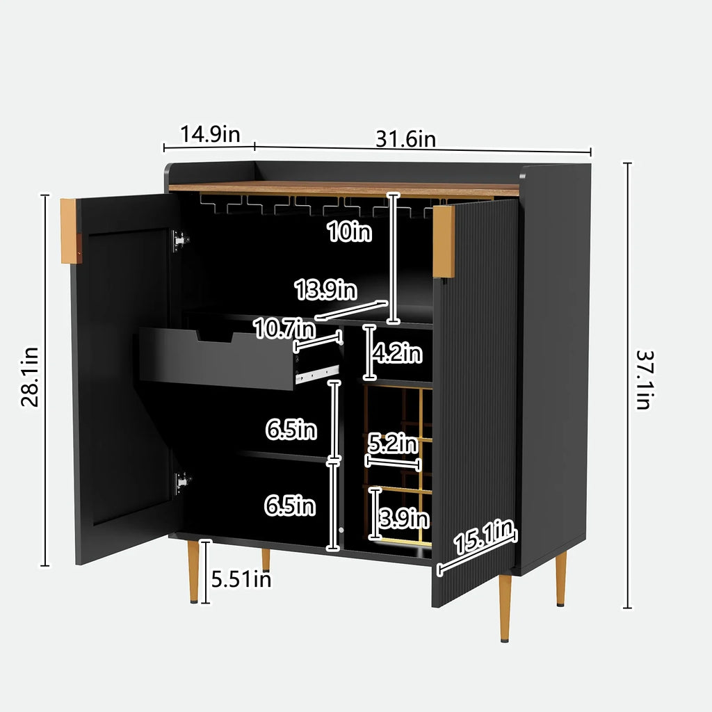 2026 NewCBJCBJ 32" Wine Bar Cabinet with 2 Door Fluted Texture, Modern Coffee Cabinet with Rack&Glass Holder, Black