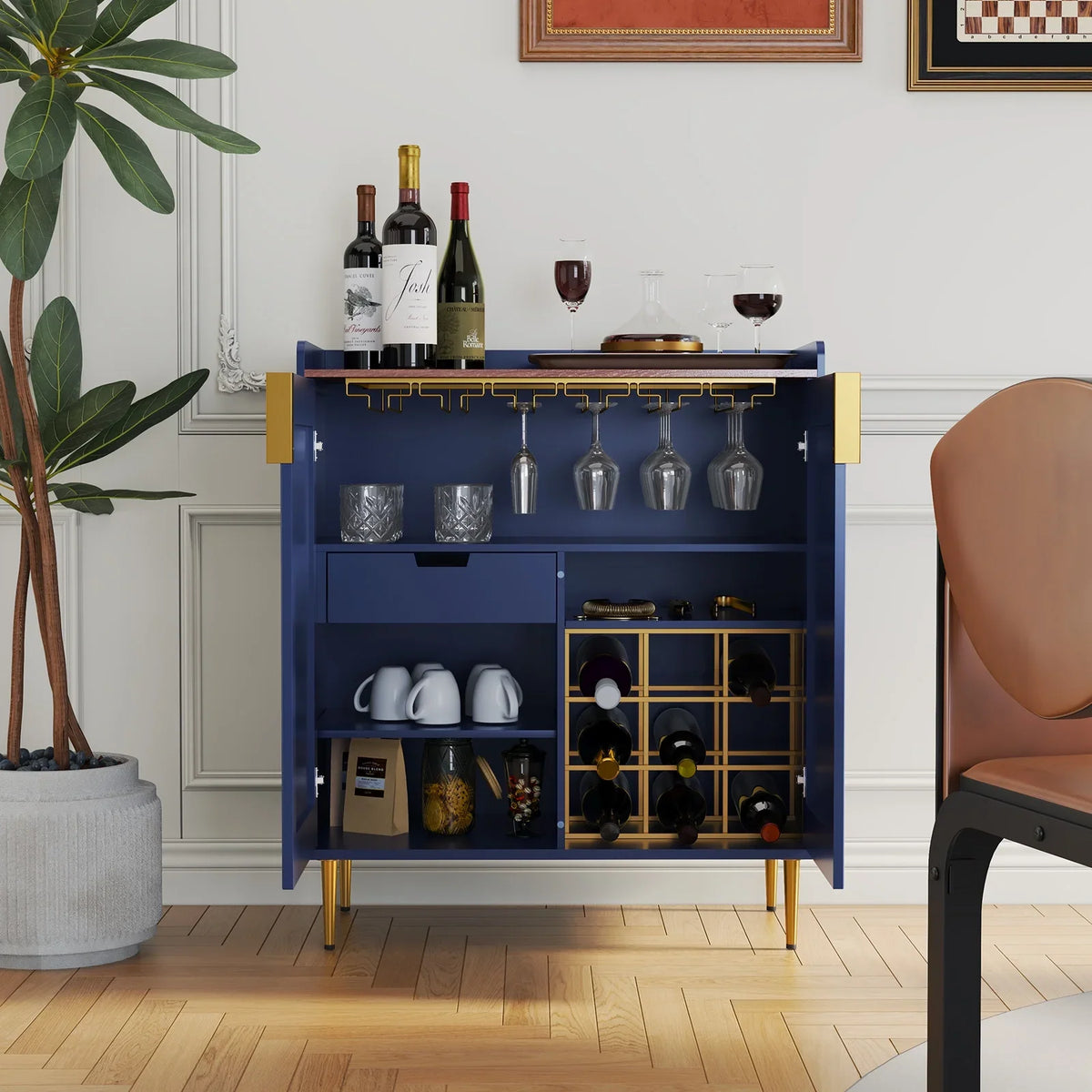 2026 NewCBJCBJ 32" Wine Bar Cabinet with 2 Door Fluted Texture, Modern Coffee Cabinet with Rack&Glass Holder, Black