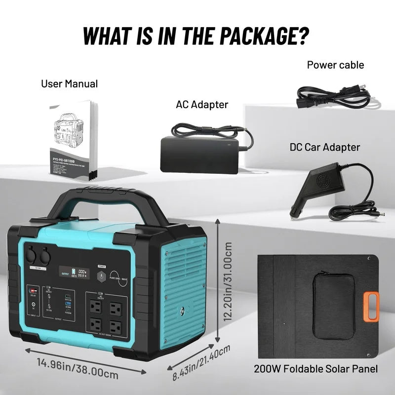 2026 New1000W Portable Solar Generator, 1024Wh LiFePO4 Battery Power Station with 100W Solar Panel, USB-C Power Bank for for Camping, Outdoor Travel, RV, and Home Emergency-Blue