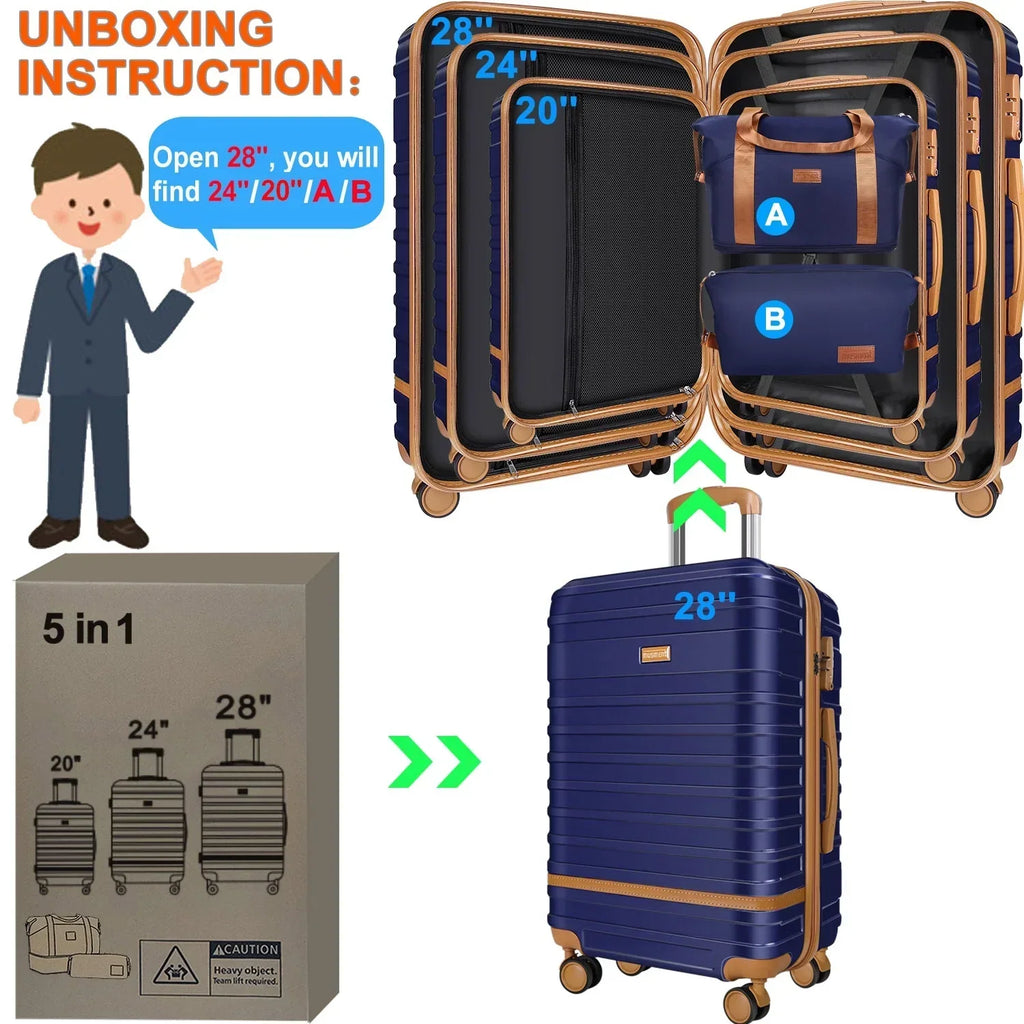 2026 New5 Piece Luggage Sets and Travel Duffel Bag, ABS Hardshell Hardside Checked Luggage with TSA Lock and Double Spinner Wheels Suitcase, Deep Blue