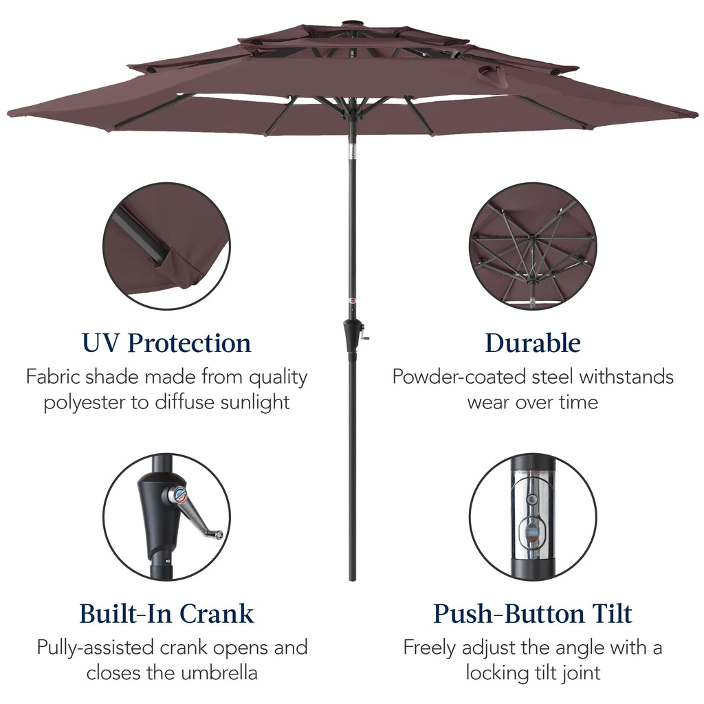 2026 NewBest Choice Products 10ft 3-Tier Patio Umbrella, Market Sun Shade w/ Tilt Adjustment, Easy Crank - Red