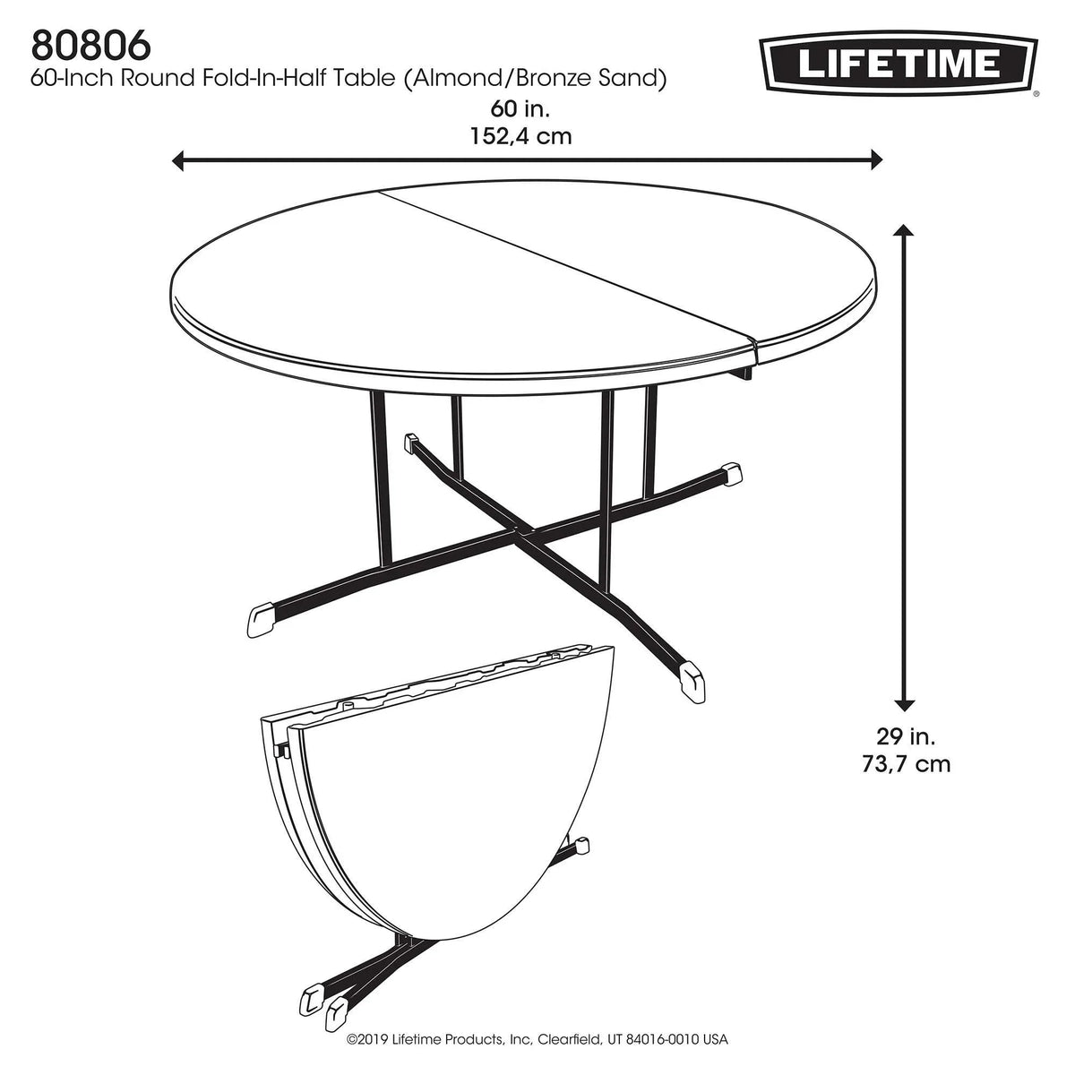 2026 NewLifetime 60" Centerfold Indoor/Outdoor Commercial Grade Folding Round Table, Almond 1 Piece 1 Count (80806)