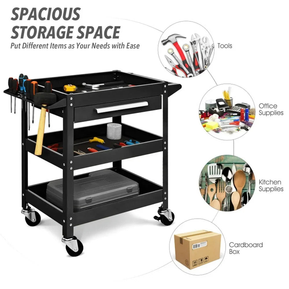 2026 New Spaco Rolling Tool Cart Mechanic Cabinet Storage ToolBox Organizer with Drawer-Black, Utility Cart on Wheels for Warehouse Garage Cleaning Office