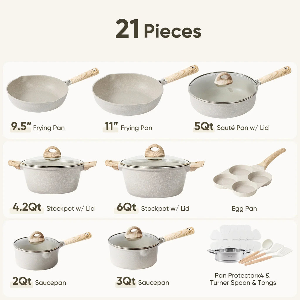 2026 NewCarote Nonstick Cookware Set 21-Piece,Kitchen Pots and Pans Set,Stay-Cool Handles, Induction Compatible,Cookware Set for RV and Camping,Beige