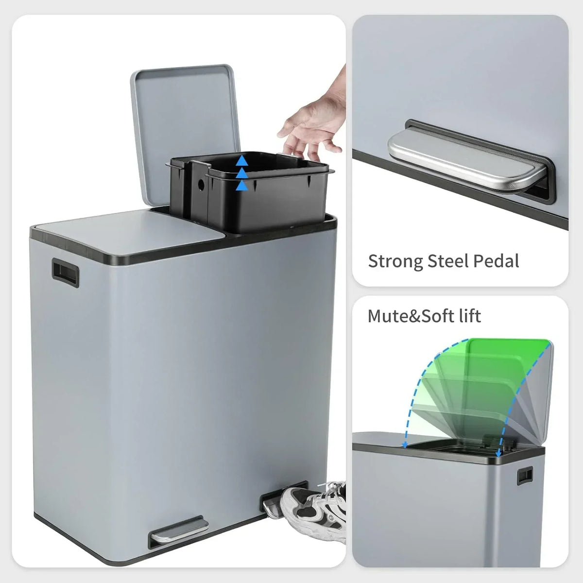 2026 NewArlopu 60 L/16 gal Dual Trash Can, Stainless Steel Garbage Can for Kitchen, Recycle Bin with Lid
