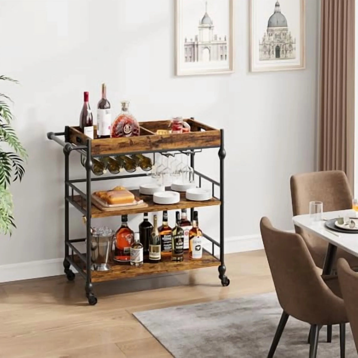 2026 New IDEALHOUSE Bar Cart, Bar Carts for The Home, 3 Tier Bar Cart with Wheels, Portable Home Bar & Serving Carts
