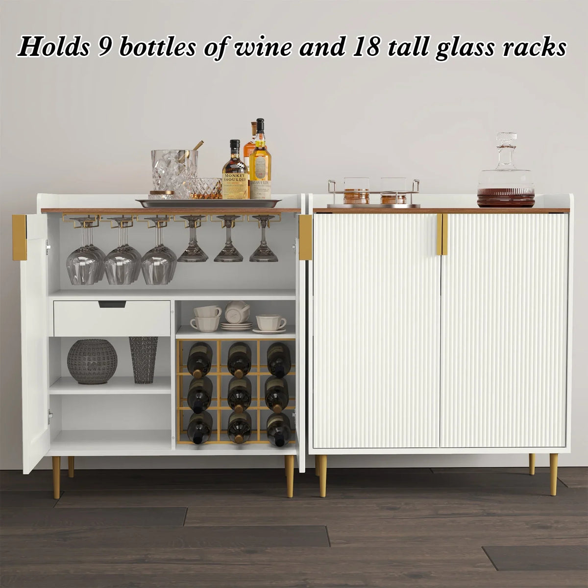 2026 NewCBJCBJ 32" Wine Bar Cabinet with 2 Door Fluted Texture, Modern Coffee Cabinet with Rack&Glass Holder, Black