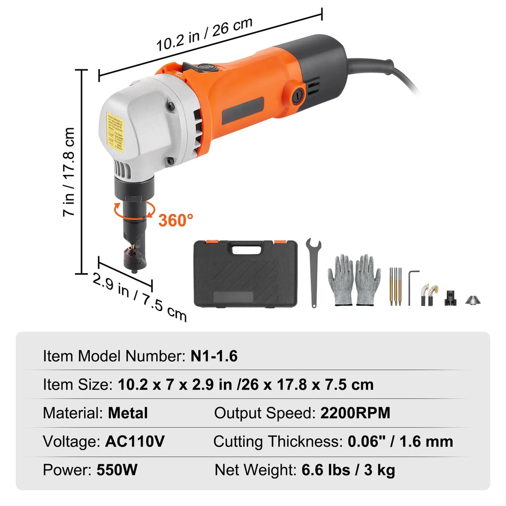2026 NewKFFKFF Sheet Metal Nibbler, 550W Powerful 2200 RPM High Speed, 360 Degree Rotation Electric Nibbler Metal Cutter