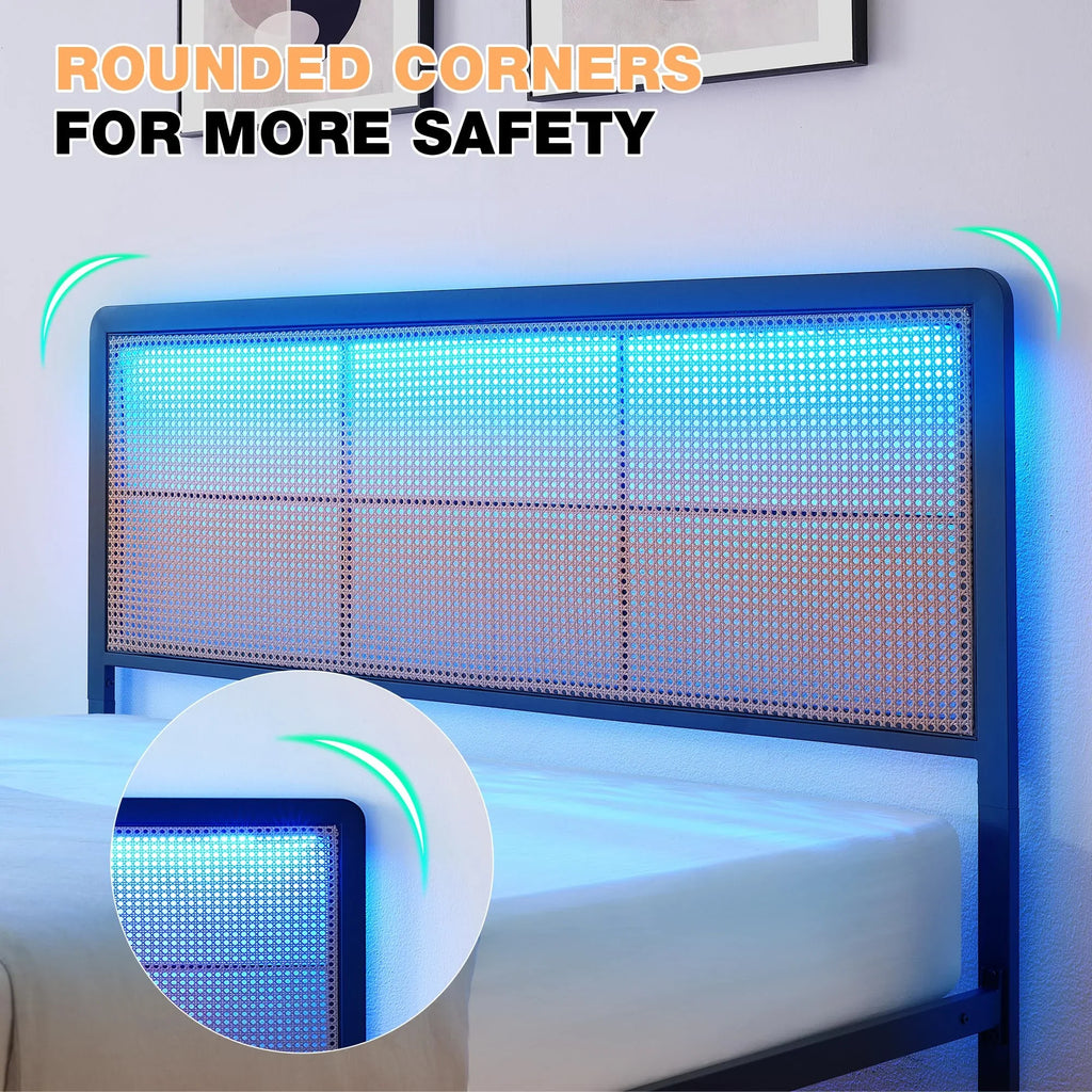 2026 New Platform Bed Frame with Natural Rattan Headboard Modern Cane Bed Frames with Heavy Duty Sturdy Steel Slat Support No Box Spring Needed Easy Assembly