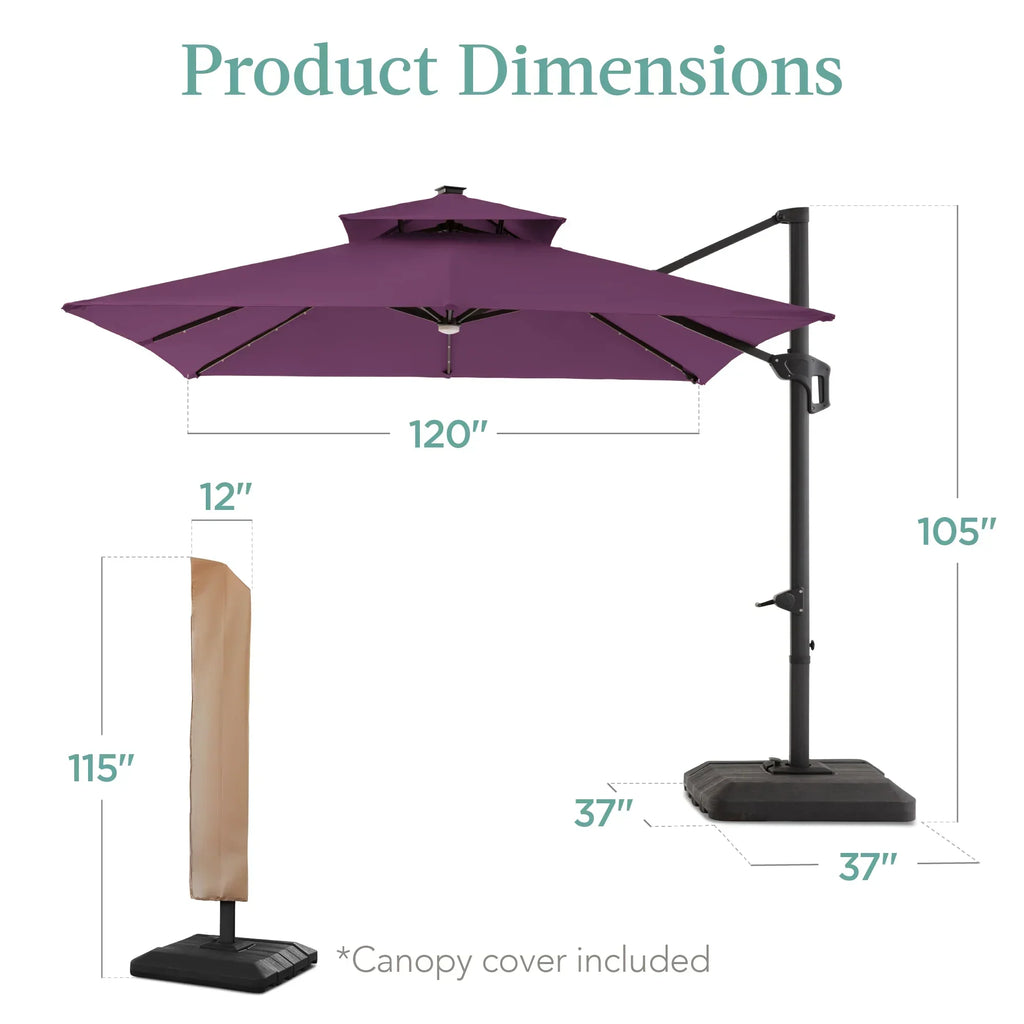 2026 NewBest Choice Products 10x10ft 2-Tier Square Outdoor Solar LED Cantilever Patio Umbrella w/ Base Included - Tan