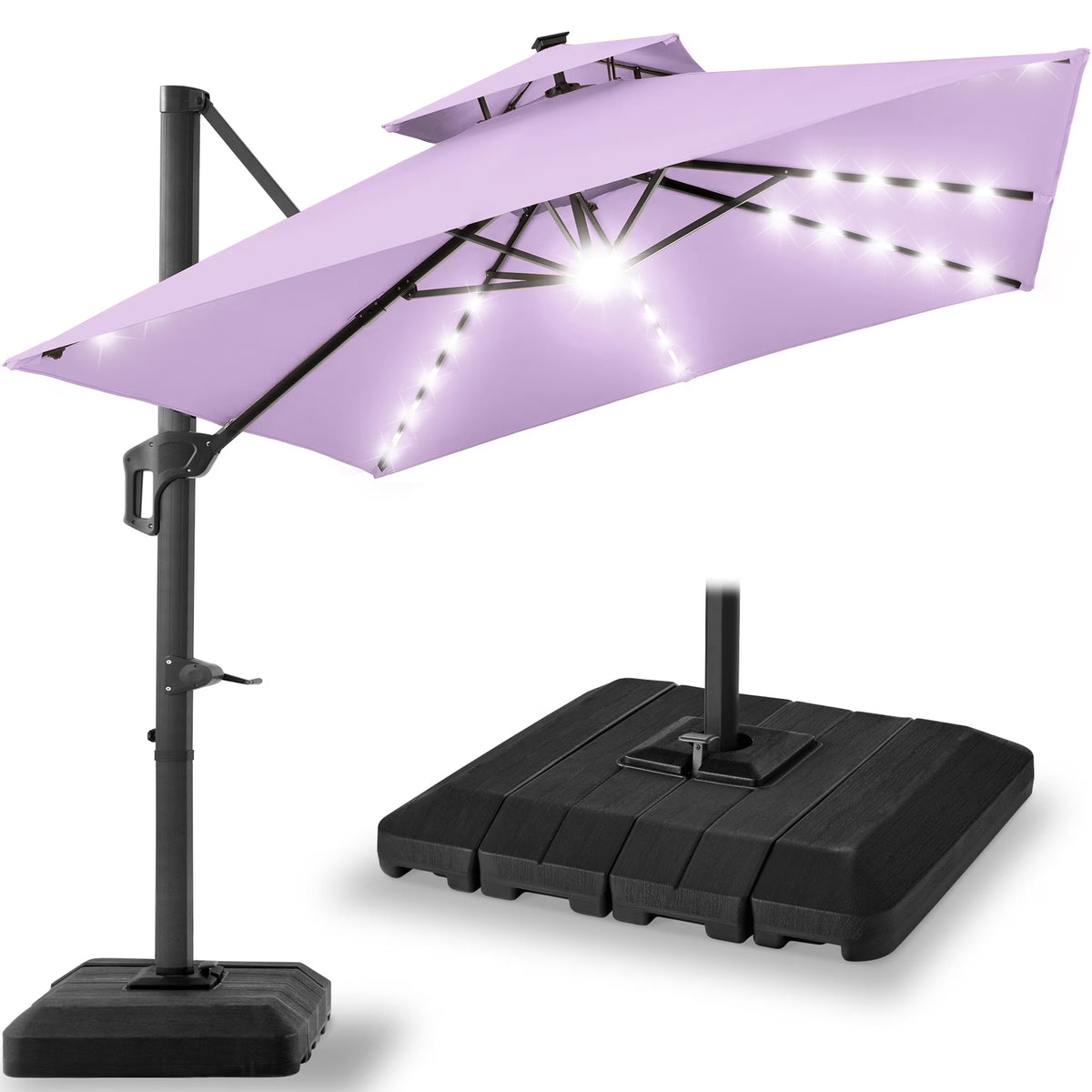 2026 NewBest Choice Products 10x10ft 2-Tier Square Outdoor Solar LED Cantilever Patio Umbrella w/ Base Included - Tan