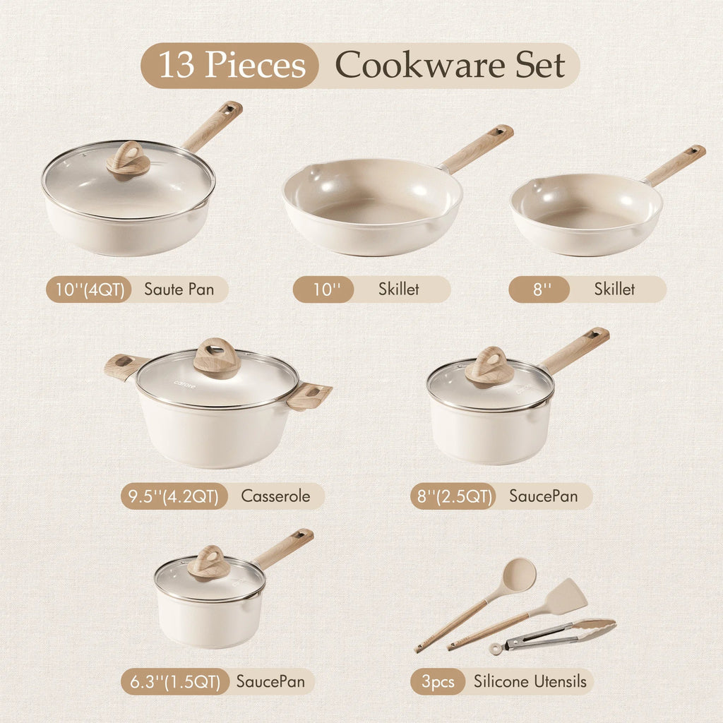 2026 NewCarote Nonstick Pots and Pans Set, 13 Pieces Kitchen Cookware Sets Compatible for All Stoves, White Granite