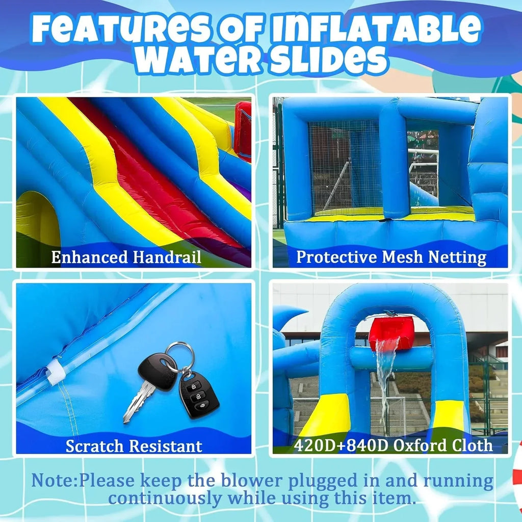11-in-1 Inflatable Water Slide & Dolphin Bounce House w/2 Long Slides, 19.7 Ft x 13.1 Ft Extra Large Waterslide Climbing Wall w/Small Deeper Pool,Water Cannons,Hoop for Kids Backyard,550W Blower