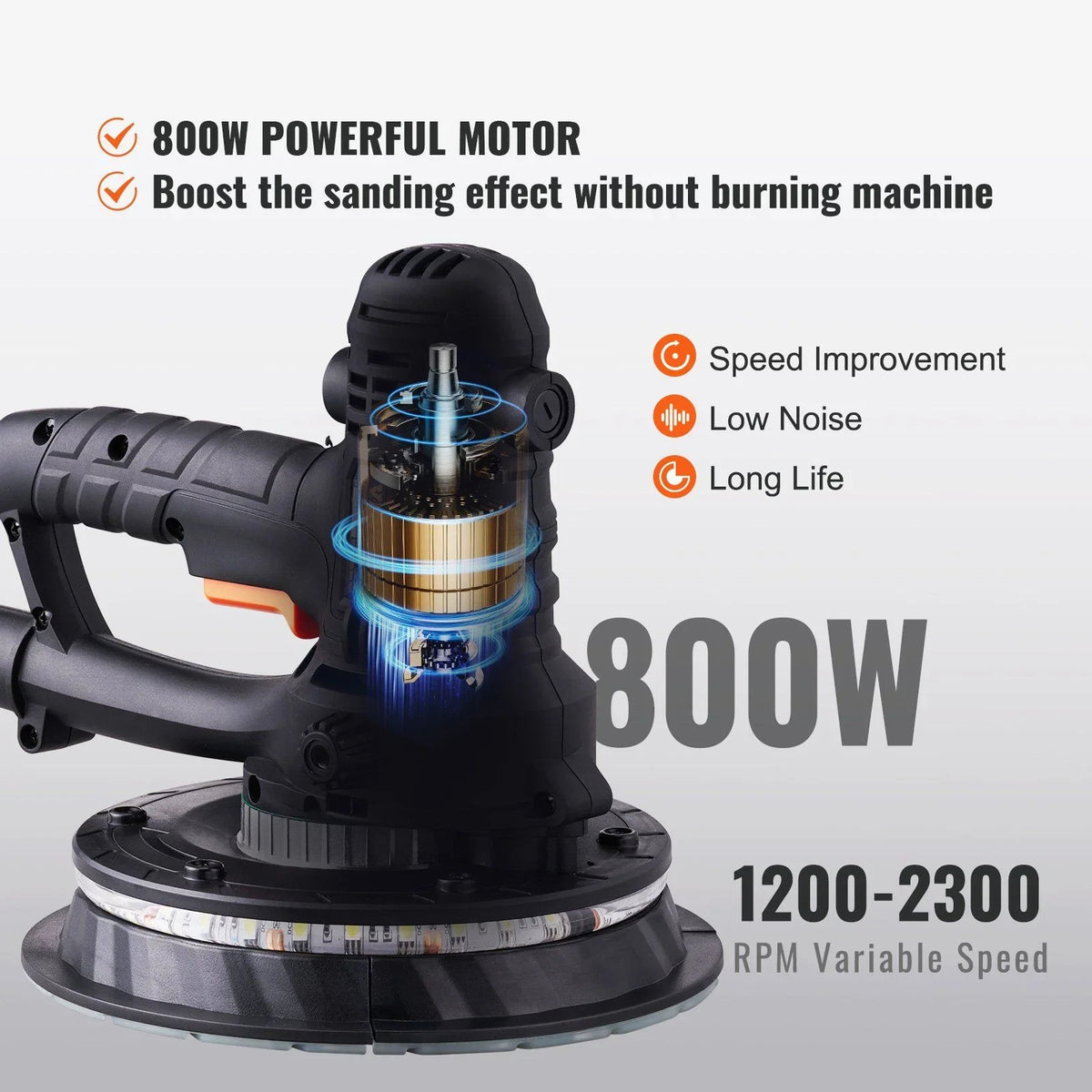 2026 New 800W Electric Drywall Sander with Dust Extraction, Adjustable RPM 1200-2300, Brush Motor for Efficient Wall Sanding & Polishing