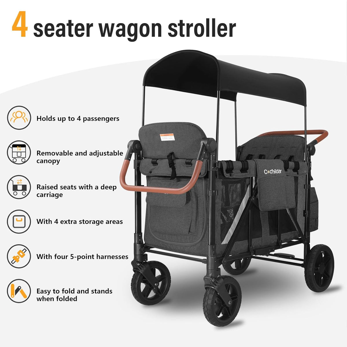 All-Terrain 4 Seater Wagon Stroller for Kids - Heavy-Duty 300lb Capacity, One-Hand Fold Design, High Seats with 5-Point Harness, Adjustable Canopy and Handlebars, Light Grey