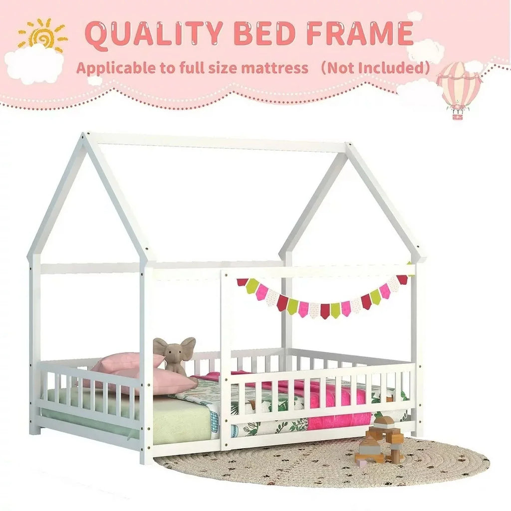2026 New Full Size House Floor Bed, Wood Montessori Bed Frame with Fence Guardrails, House Beds Frame No Box Spring Needed-Full, Gray)