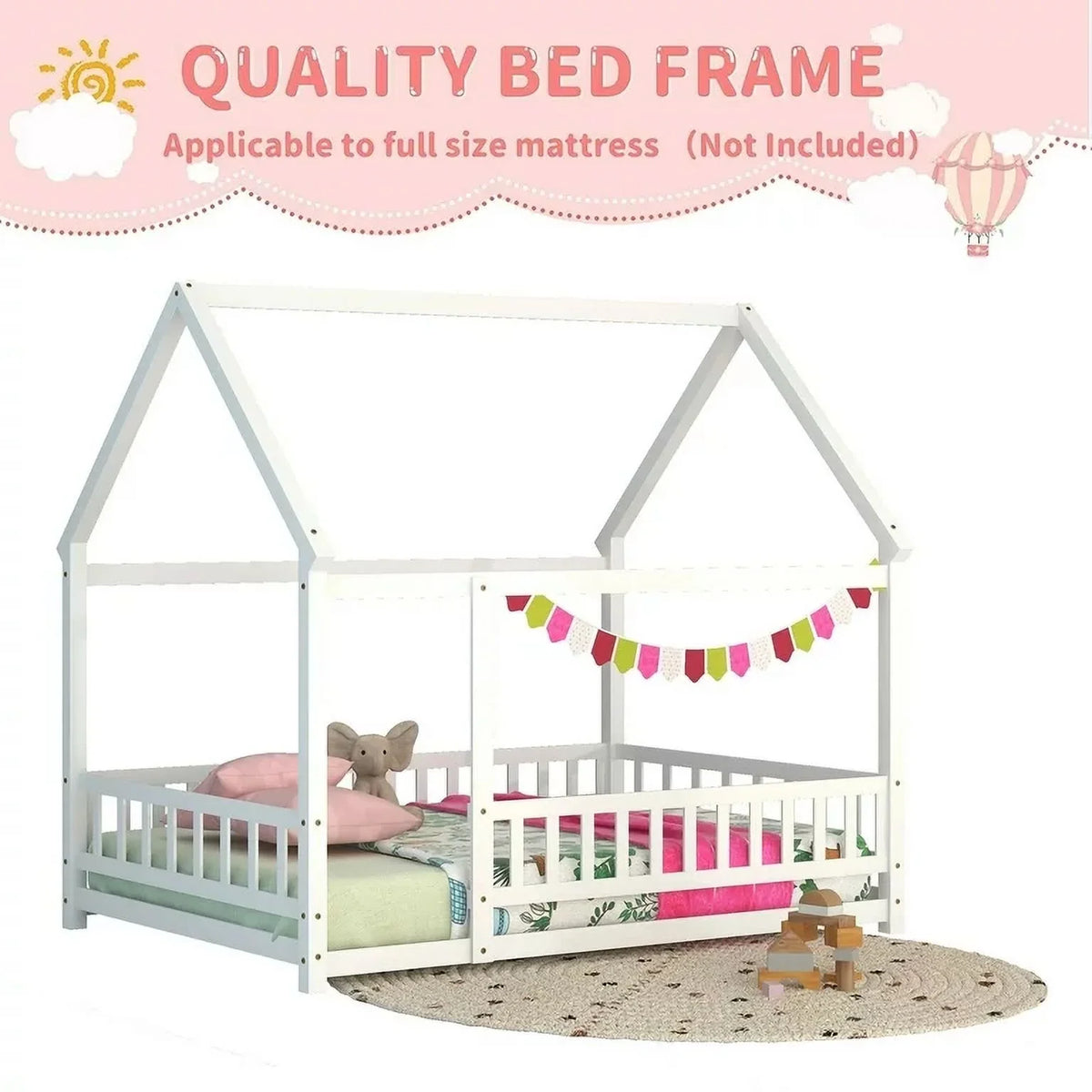 2026 New Full Size House Floor Bed, Wood Montessori Bed Frame with Fence Guardrails, House Beds Frame No Box Spring Needed-Full, Gray)