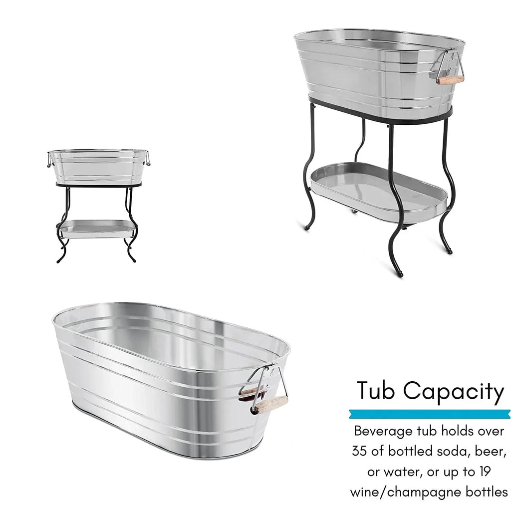 Steel Galvanized Beverage Tub with Stand and Drip Pan Tray - Oval Shape (Large Size) by MG Decor - Madhu Collection