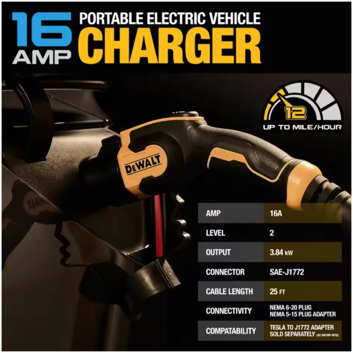 2026 NewDEWALT Level-2 Portable Electric Vehicle EV Charger up to 16 Amps, 120-240-Volt AC 3.8 KW, 25 Ft. Cable, Weatherproof