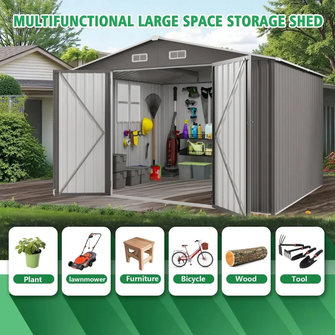 2026 New10 x 8 FT Outdoor Storage Shed, Large Metal Storage Shed, Lockable Door and Air Vent, Clear Window Garden Tool Shed for Bicycles, Tools, Lawnmowers, Backyards, Patios, Lawns - Gray