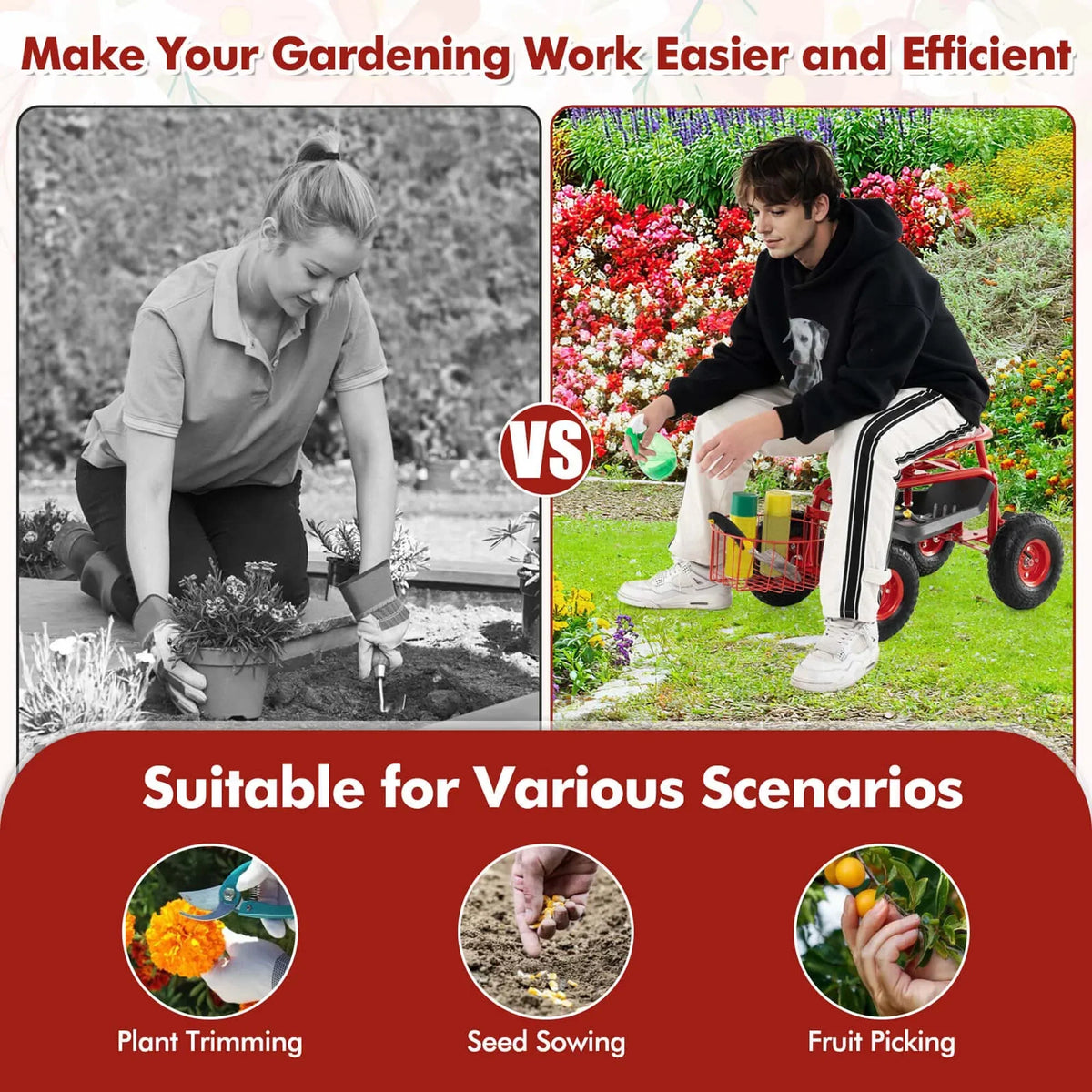 2026 NewCostway Garden Cart Rolling Work Seat for Planting with Extendable Handle Green