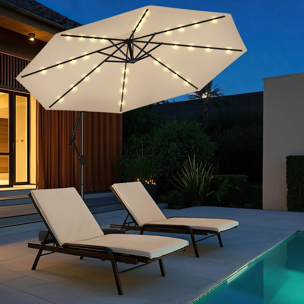 2026 NewCostway 10 FT Solar Offset Hanging Umbrella Patio Cantilever Umbrella with 32 LED Lights Brown