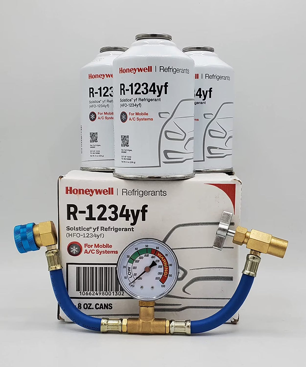 2026 NewGenuine 8oz R1234YF Refrigerant (3 Freon Cans) & HD Brass Can Tap with Gauge