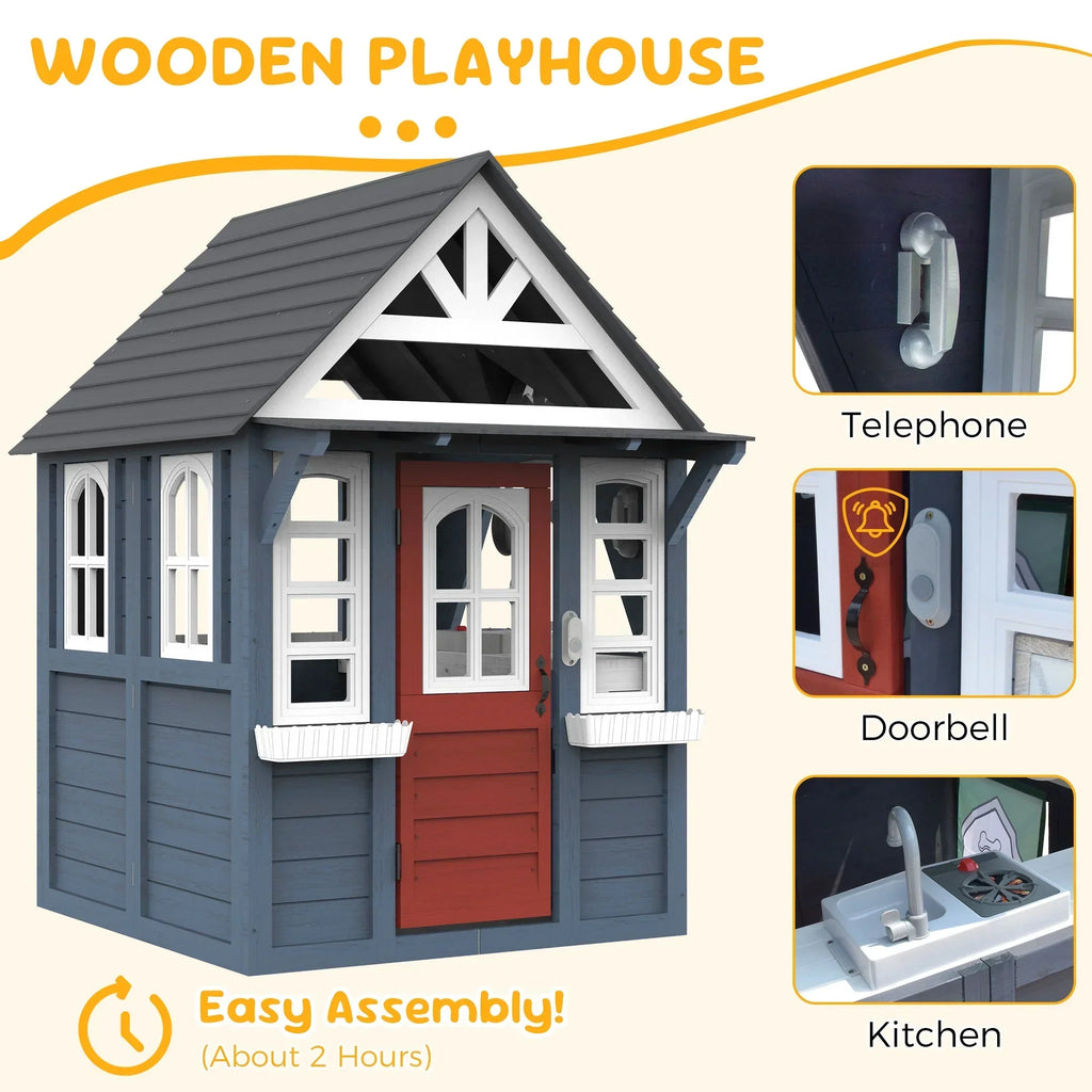 2026 NewCOCLUB Outdoor Playhouse for Kids Ages 4-8, Wooden Play House with Doorbell, Phone, Kitchen Toys, Outdoor Kids Play Equipment, Casa Para Niñas (45”L x 65”H), White & Black