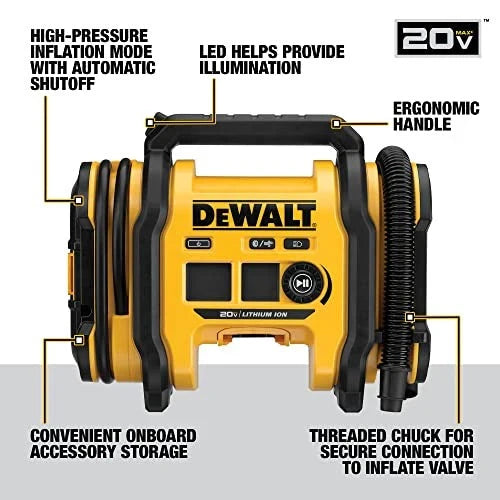 2026 NewDEWALT 20V MAX tire inflator, compact and portable, automatic shut-off, LED light