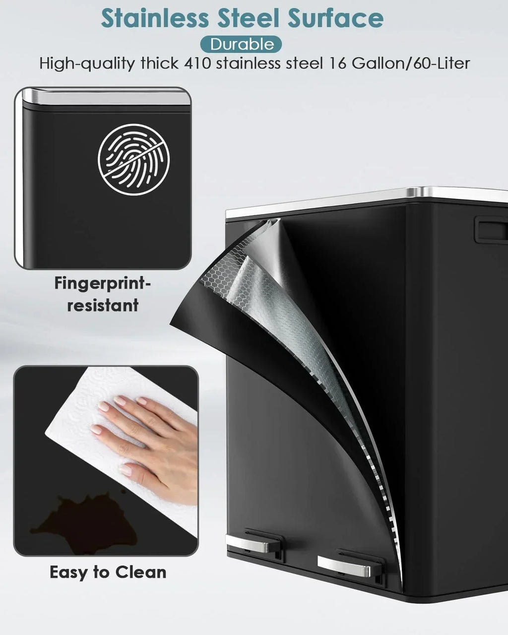 2026 NewArlopu 60 L/16 gal Dual Trash Can, Stainless Steel Garbage Can for Kitchen, Recycle Bin with Lid