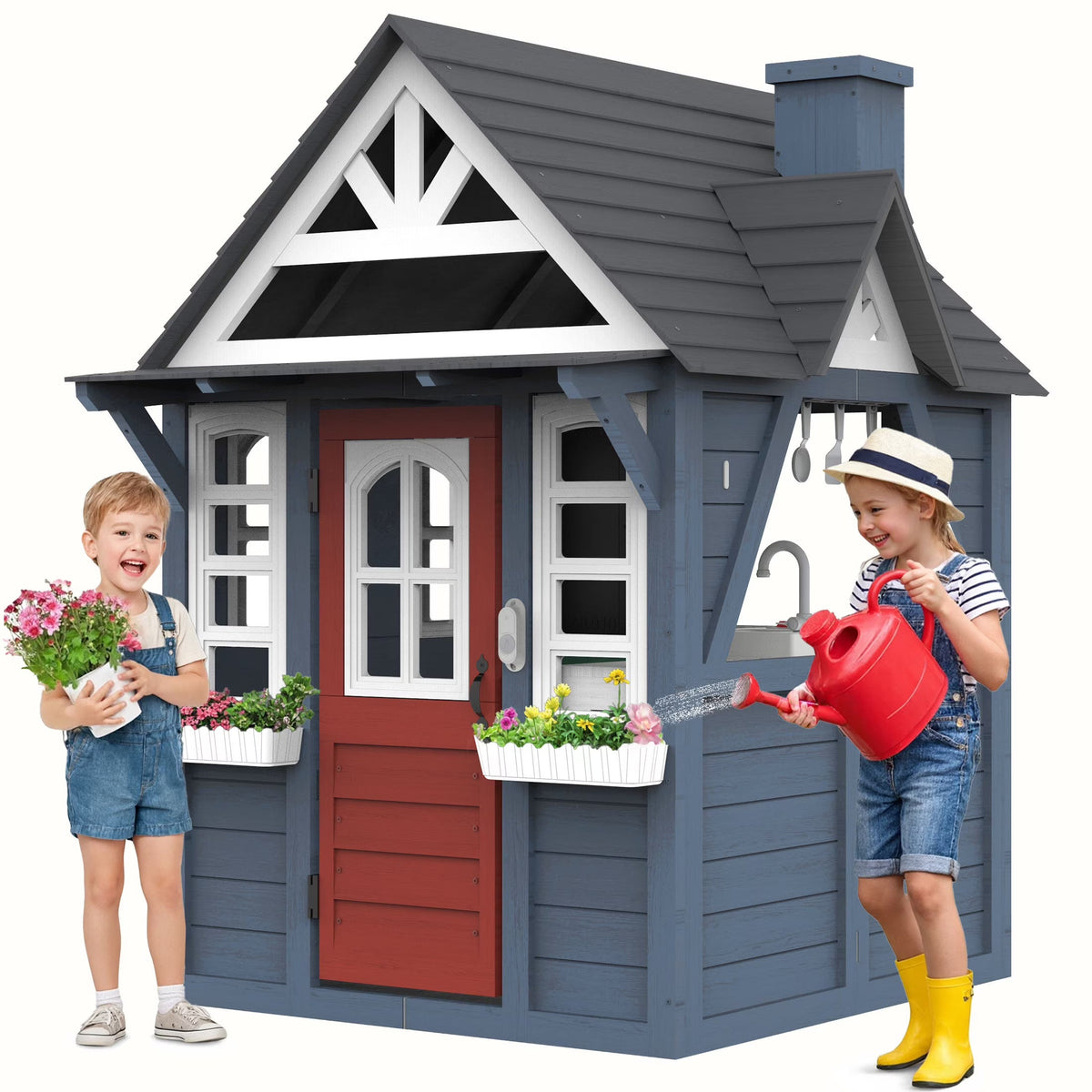 2026 NewCOCLUB Outdoor Playhouse for Kids Ages 4-8, Wooden Play House with Doorbell, Phone, Kitchen Toys, Outdoor Kids Play Equipment, Casa Para Niñas (45”L x 65”H), White & Black