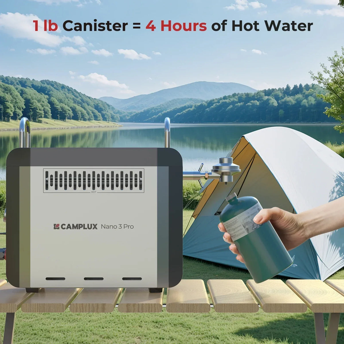 2026 NewCAMPLUX Nano 3 Pro Portable Propane Water Heater with Battery, Instant Hot Water for Camping and Outdoor Use