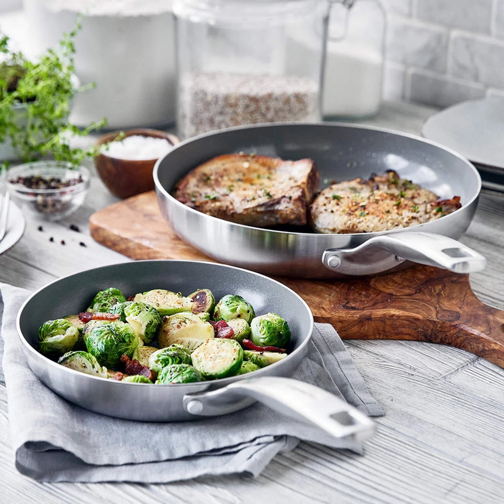 2026 New GreenPan Chatham Tri-Ply Stainless Steel Healthy Ceramic Nonstick Induction Suitable, 2 Piece Frypan Set, 8" and 10", Silver