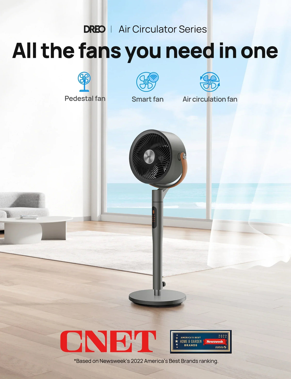 2026 NewDreo Pedestal Fan with Remote, 43'' Quiet Standing Fan for Home Bedroom, 120"+105" Smart Oscillating Floor Fans with Wi-Fi/Voice Control, Works with Alexa/Google, 6 Modes, 8 Speeds, 12H Timer