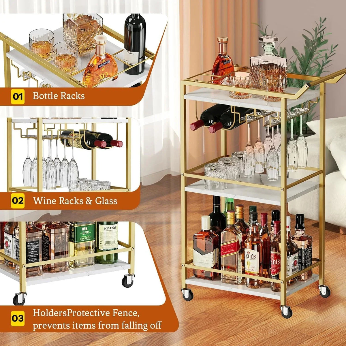2026 New3 Tier Bar Cart, Mini Liquor Utility Cart for Wine Beverage Dinner Party, Rolling Wine Coffee Drink Serving Cart with Lockable Wheels for Home Kitchen