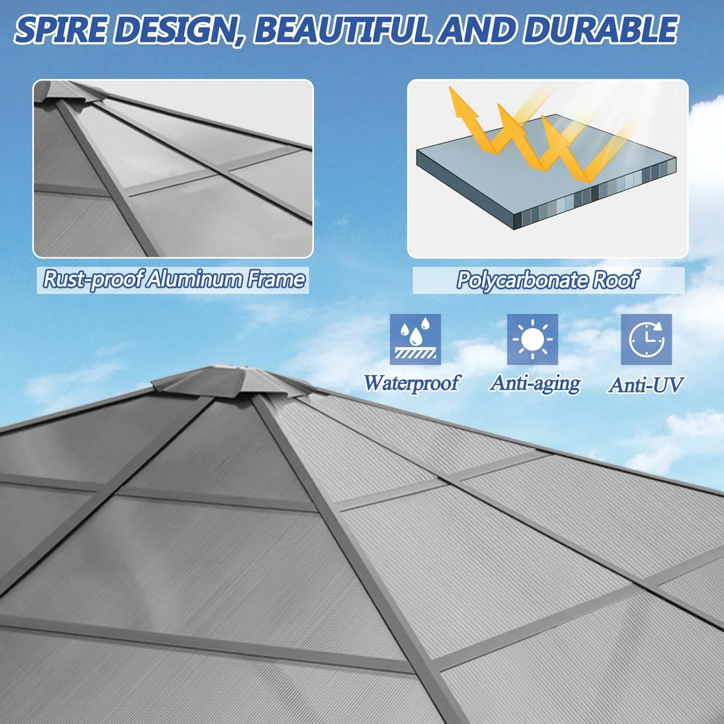 2026 NewGARTOO 10' x 10' Hardtop Gazebo, Outdoor Polycarbonate Roof Gazebo with Steel Frame, Permanent Pavilion with Netting& Curtains