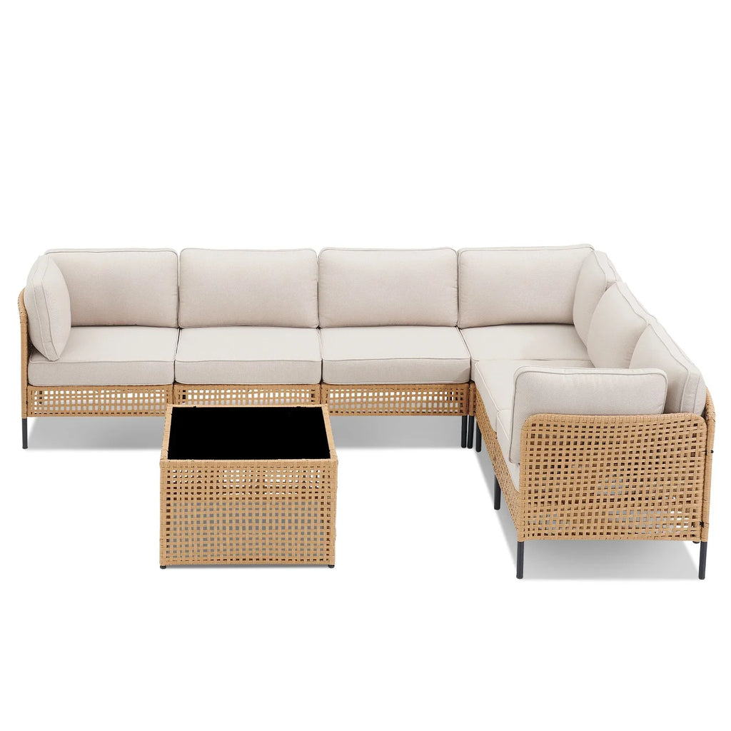 2026 NewPPorfamilia Outdoor Modular Sectional Furniture Set, 7 Piece Natural PE Rattan Sofa Set with 2 Corner Chairs, 4 Middle Chairs, Side Table