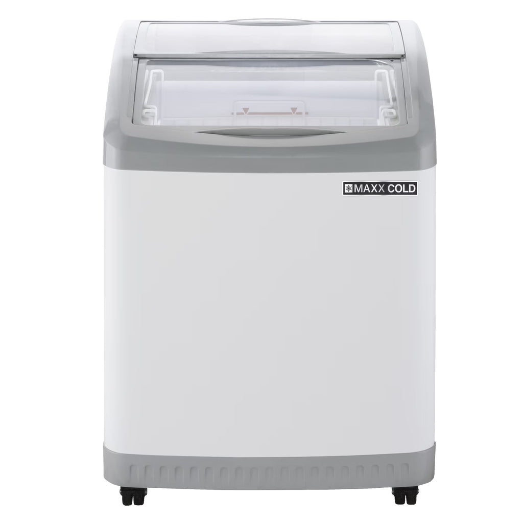 2026 NewMaxx Cold Curved Glass Top Chest Freezer Display, 24.6"W, 3.81 cu. ft. Storage Capacity, Equipped with (2) Wire Baskets, in White (MXF25CHC-2)