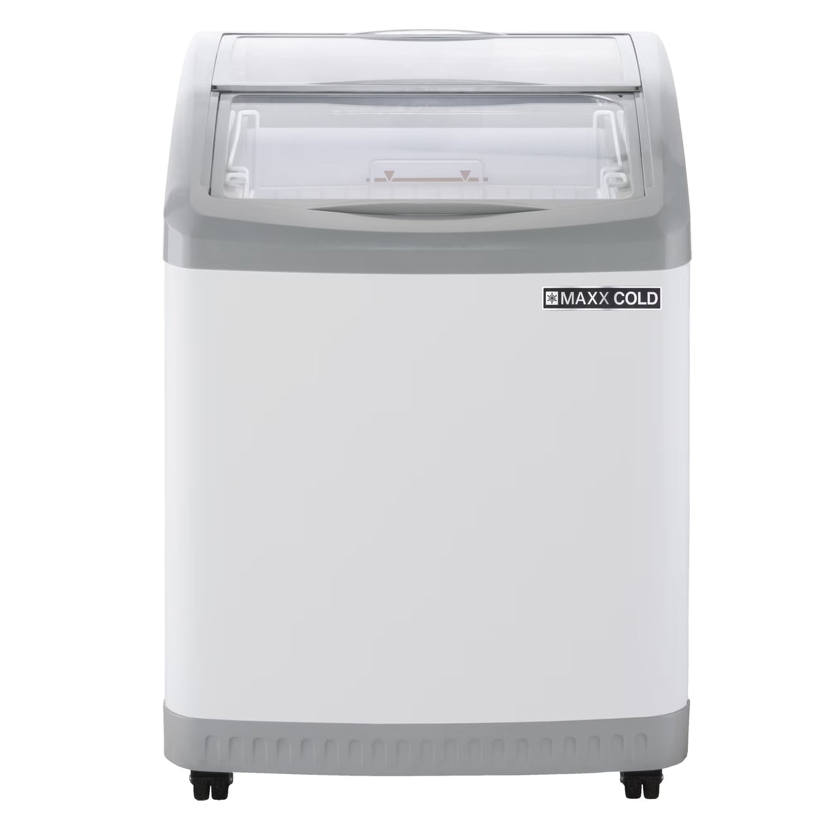 2026 NewMaxx Cold Curved Glass Top Chest Freezer Display, 24.6"W, 3.81 cu. ft. Storage Capacity, Equipped with (2) Wire Baskets, in White (MXF25CHC-2)