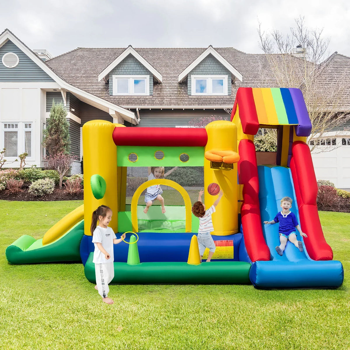 2026 NewCostway Colorful Rainbow Kids Inflatable Bounce Castle with 50 Ocean Balls & 735W Blower