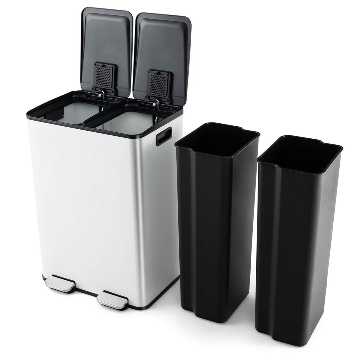 2026 NewCostway 16 Gallon Dual Step Trash Can Recycle Bin Stainless Steel Bucket Pedal Silver