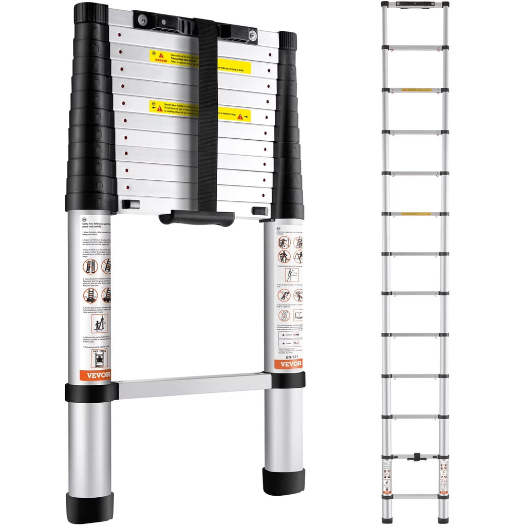 2026 NewBENTISM 12.5 FT Telescoping Ladder, Aluminum Collapsible Ladder with One-Button Retraction,375 LB Capacity,ANSI Certified | Portable for Home, RV, Loft Use