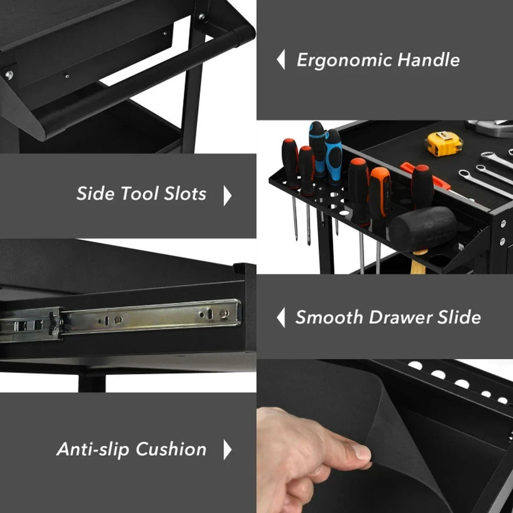 2026 New Spaco Rolling Tool Cart Mechanic Cabinet Storage ToolBox Organizer with Drawer-Black, Utility Cart on Wheels for Warehouse Garage Cleaning Office